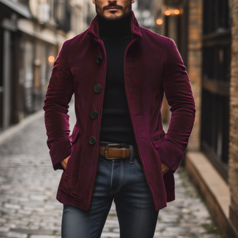 Men's Practical Slim Fit Warm Corduroy Coat with Stand-Up Collar and Side Pockets