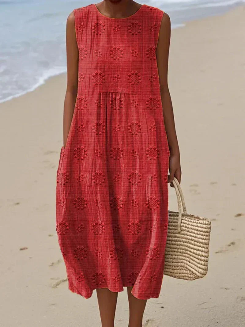 Fashion Flowing Sleeveless Floral Embroidered Midi Dress for Women