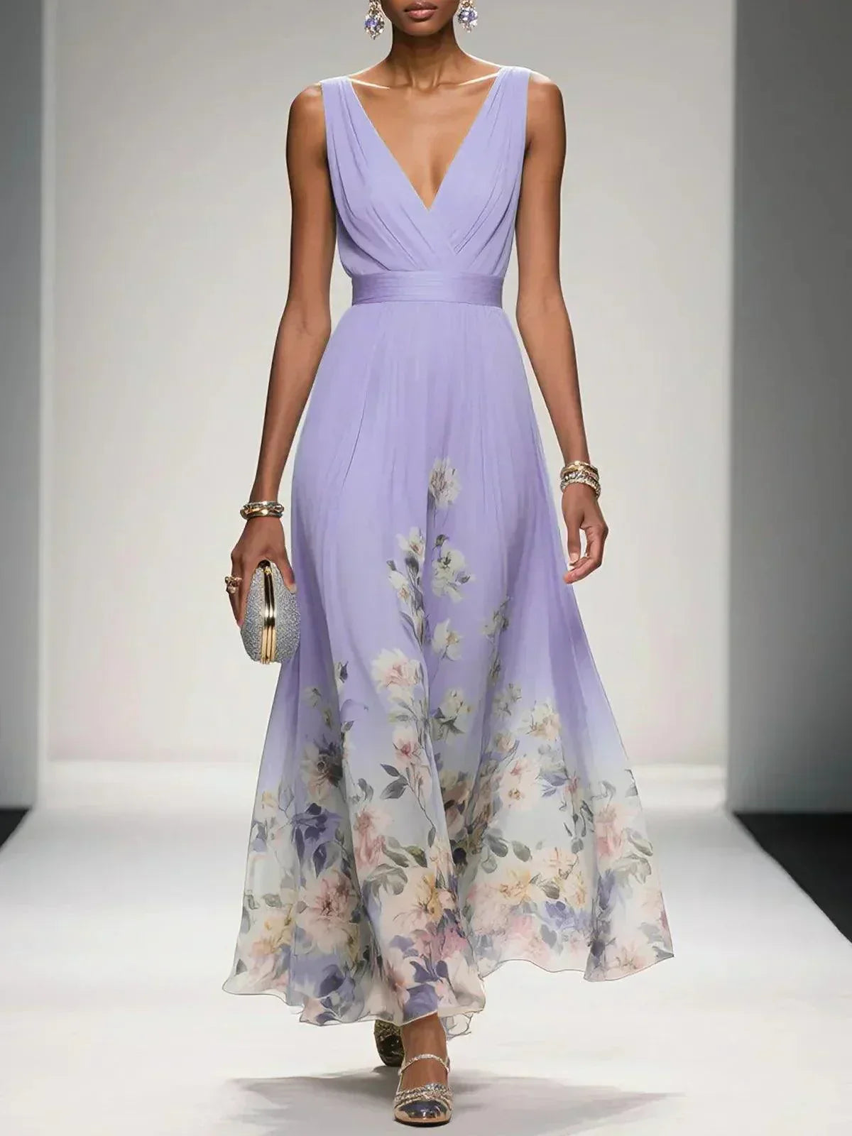 Women Elegant Celebration Floral Print Wedding Guest Dress