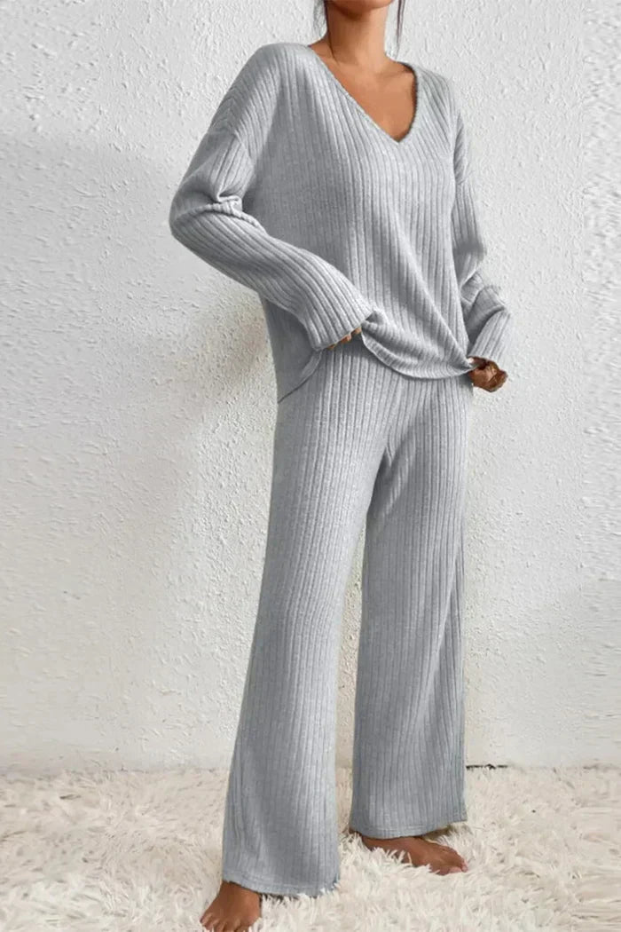 Women’s Ribbed Knit Loungewear Set - Elegant V-neckline Top and Wide-Leg Trousers