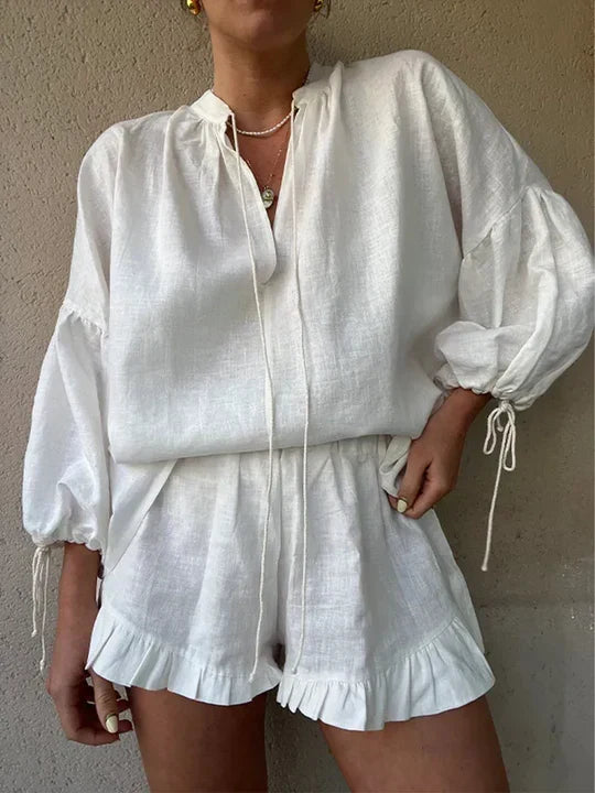 Women's Ruffle Two-Piece Lounge Set with Adjustable Tie Sleeves