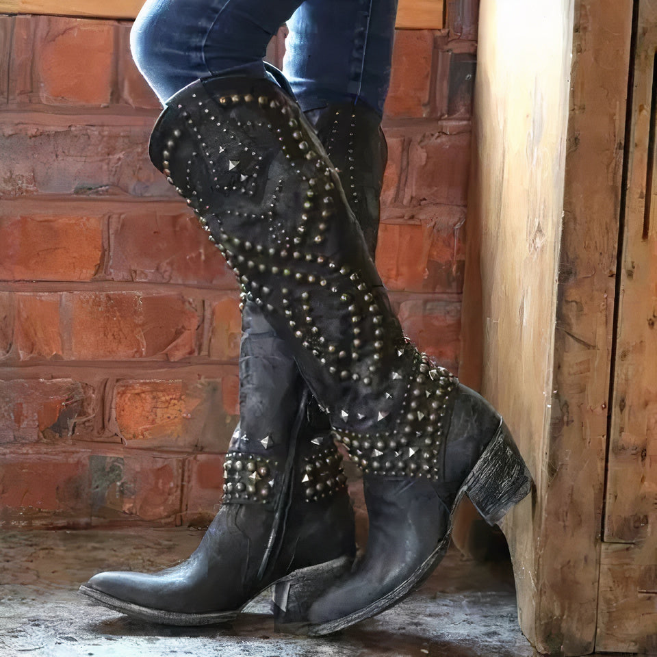 Women’s Chunky Heel Cowboy Boots Studded Western Look